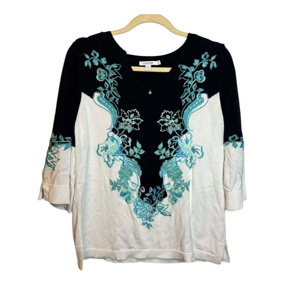 Chico's‎ Sweater Women's Size Medium Embroidered V-Neck Blue White Chico's 1